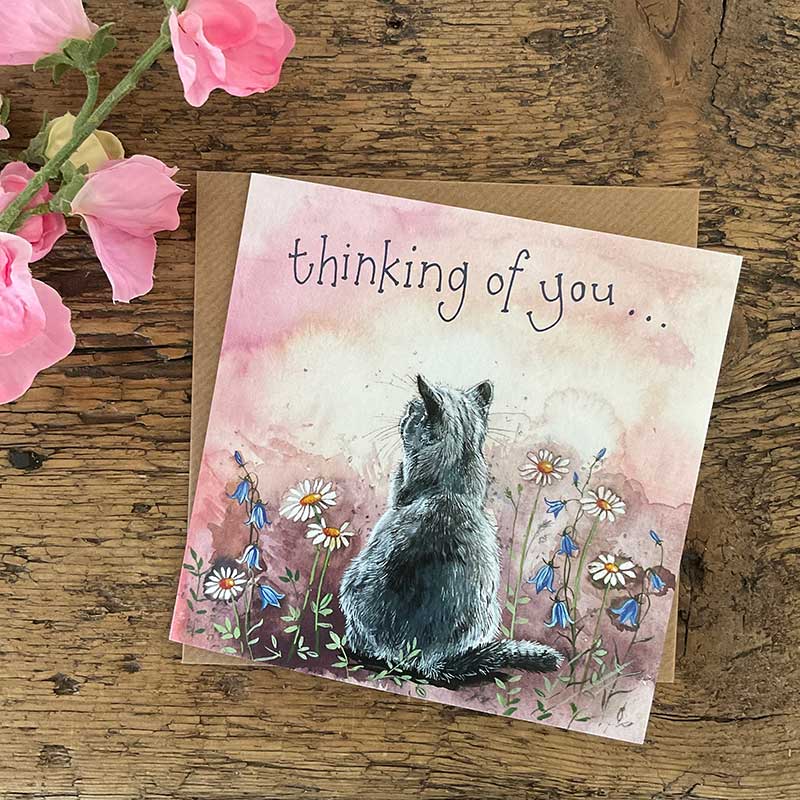Cat & Meadow Flowers Thinking Of You Card