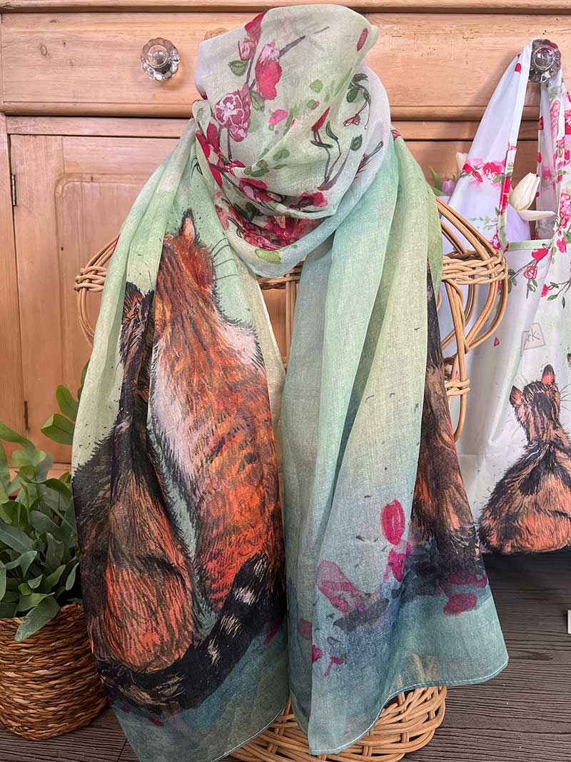 Cats And Blossom Long Scarf