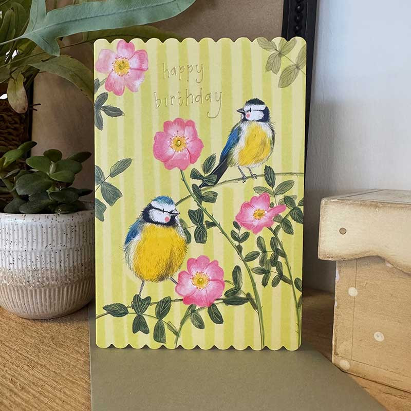 Blue Tit And Rose Birthday Card