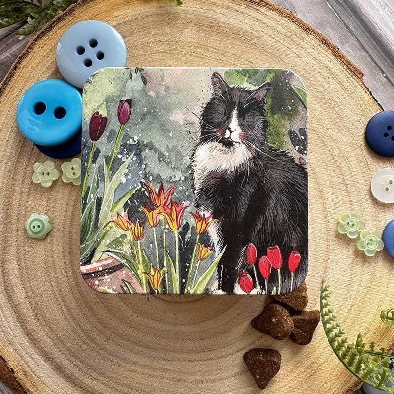 Cat And Tulips Medium Square Tin